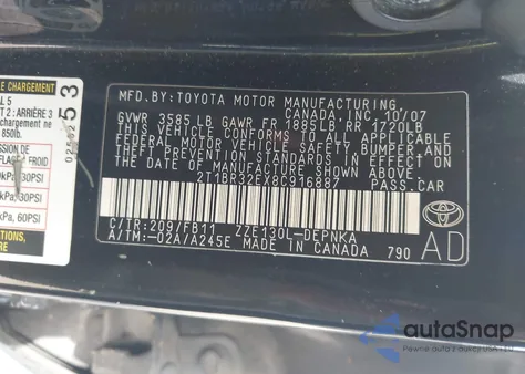 2008 Toyota Corolla Le из США, поврежденный, VIN 2T1BR32EX8C916887